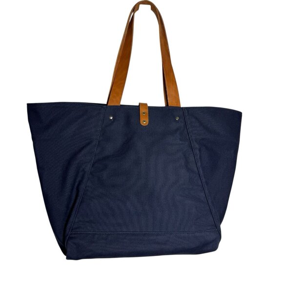 MAKR FARM TOTE Bag Navy Blue Canvas with brown leather straps XL Made in USA - Picture 4 of 9